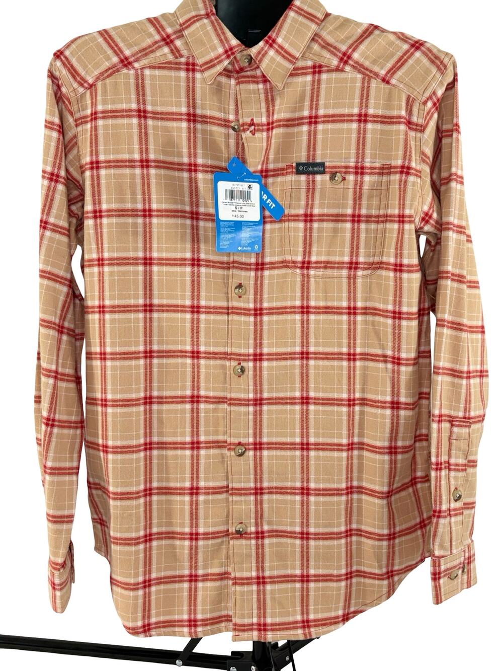 Columbia Cornell Woods II Flannel Shirt Men’s Small Tan Red Plaid NWT